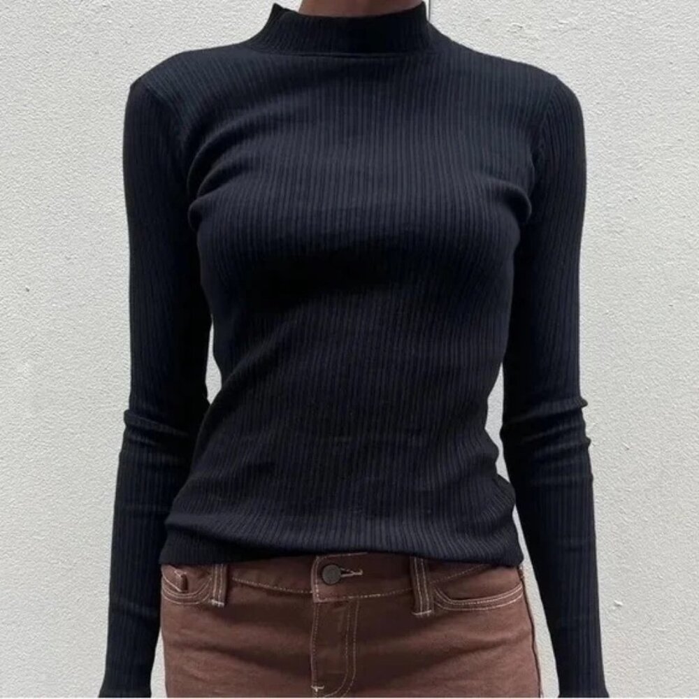 BRANDY MELVILLE Daniela Turtleneck Ribbed Long Sleeve Top Faded Black